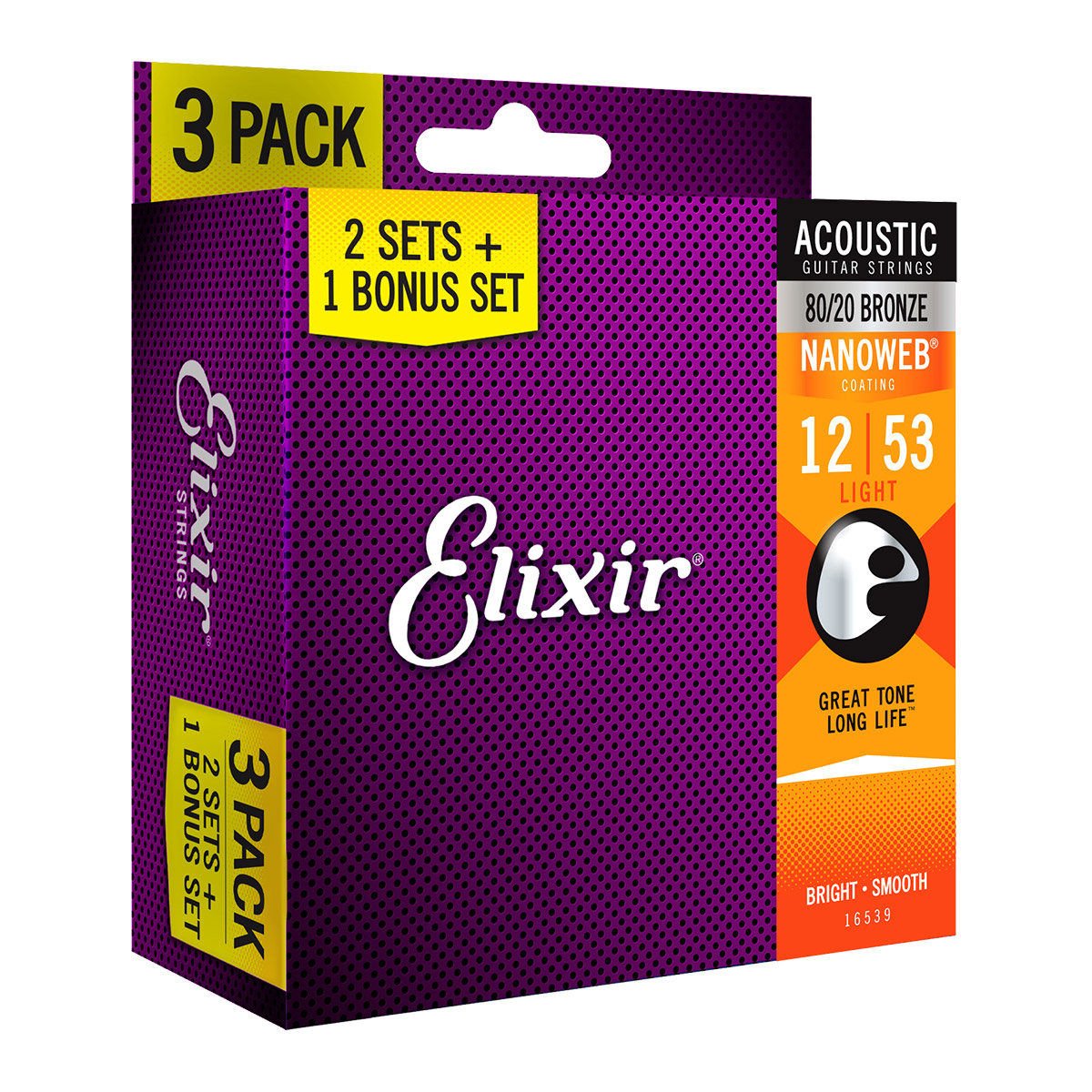 Elixir 12-53 Nanoweb 80/20 Bronze Ekonomik 3'lü Set Akustik Gitar