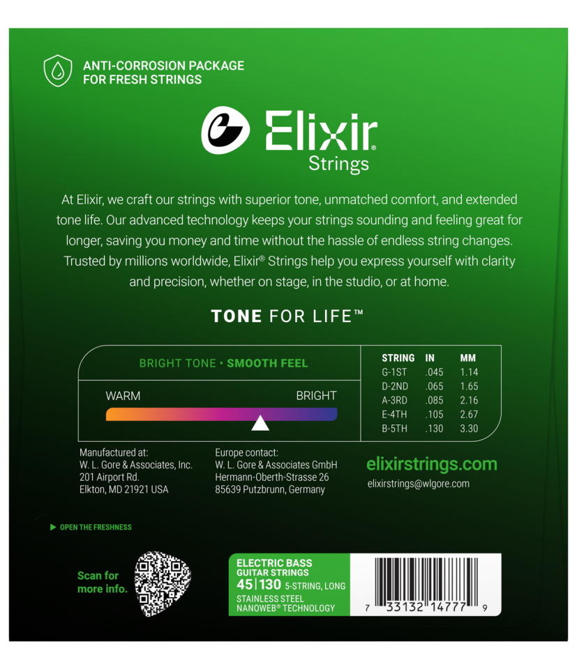 Elixir 045-130 Nanoweb Çelik Sarım 5 Telli Bas Gitar Tel Seti (14777)